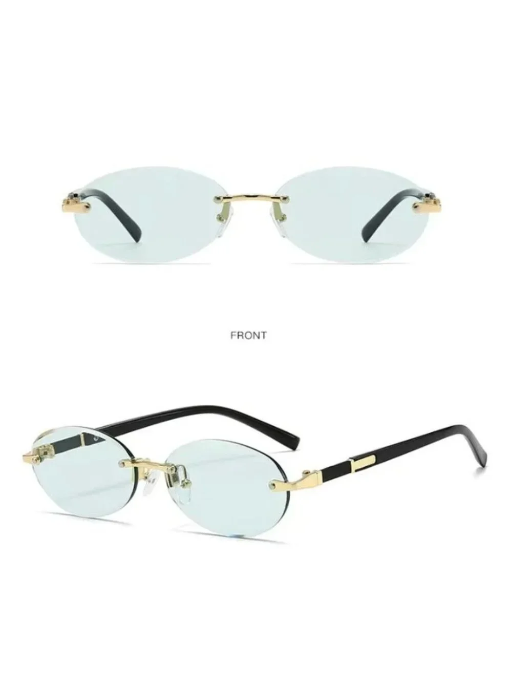 Oval Rimless Green Lens Sunglasses With Gold & Black Metal Frame
